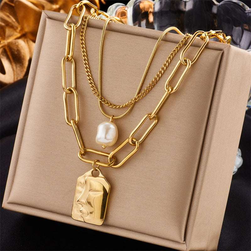 Women's Titanium Steel Chain Pearl Pendant Necklace Gold