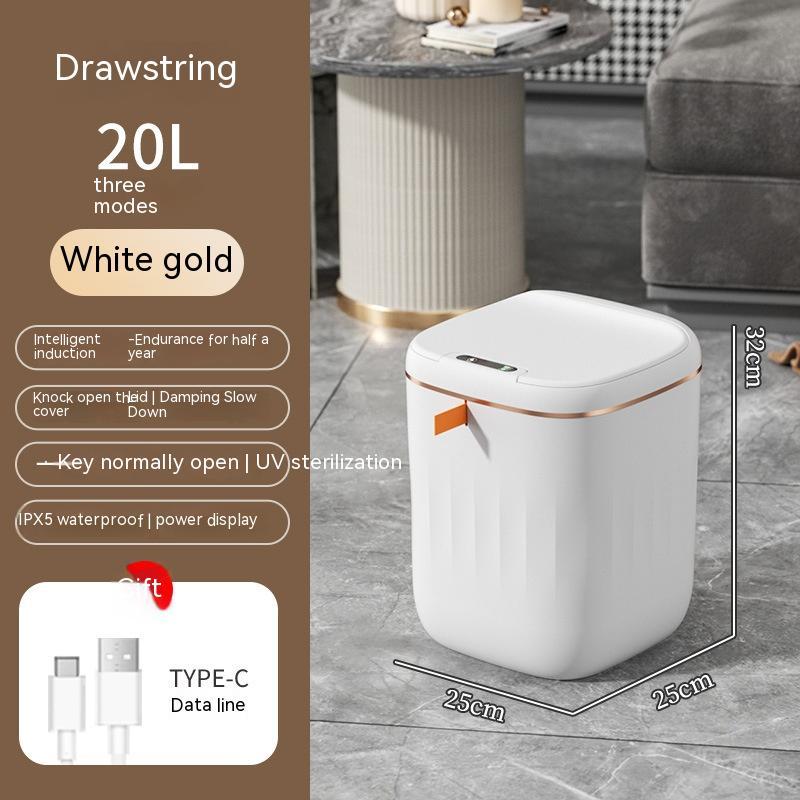 Smart Trash Can With Lid For Bedroom And Living Room Kitchen Storage Box Trash Can Induction Small Car Box Automatic Smart Dustbin Smart Trash Bin White gold 20L