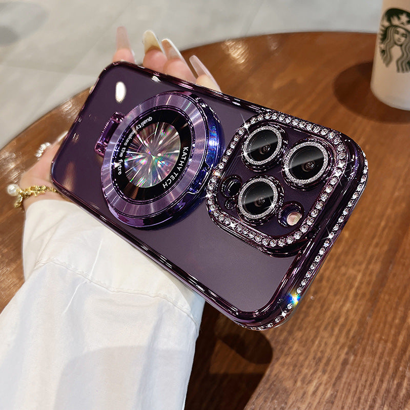 New Magnetic Bracket Rhinestone Frame Phone Case Purple