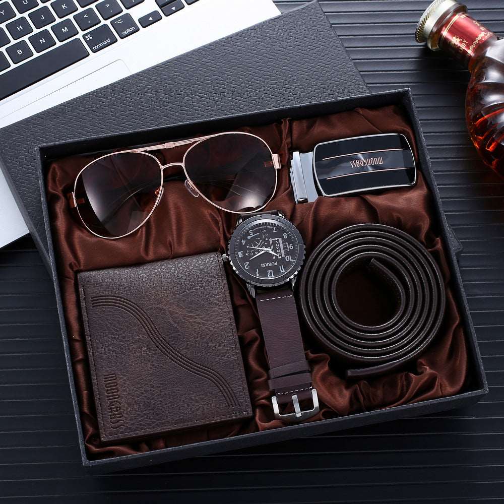 Wallet Belt Glasses Watch 4pcs Business Gift Brown