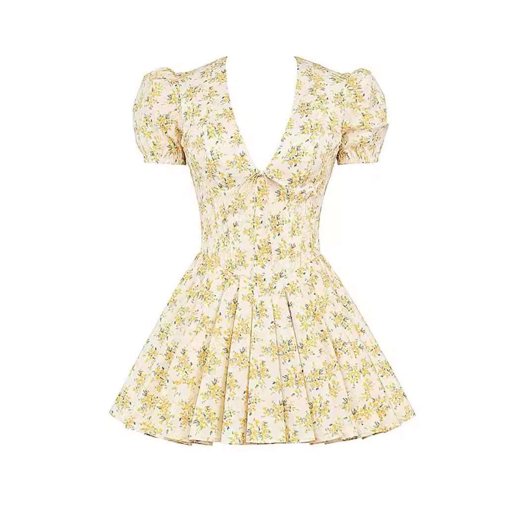 V-neck Puff Sleeve Dress Yellow Flowers Print French Style Sweet Pleated Dresses Womens Clothing Yellow With Dazzle