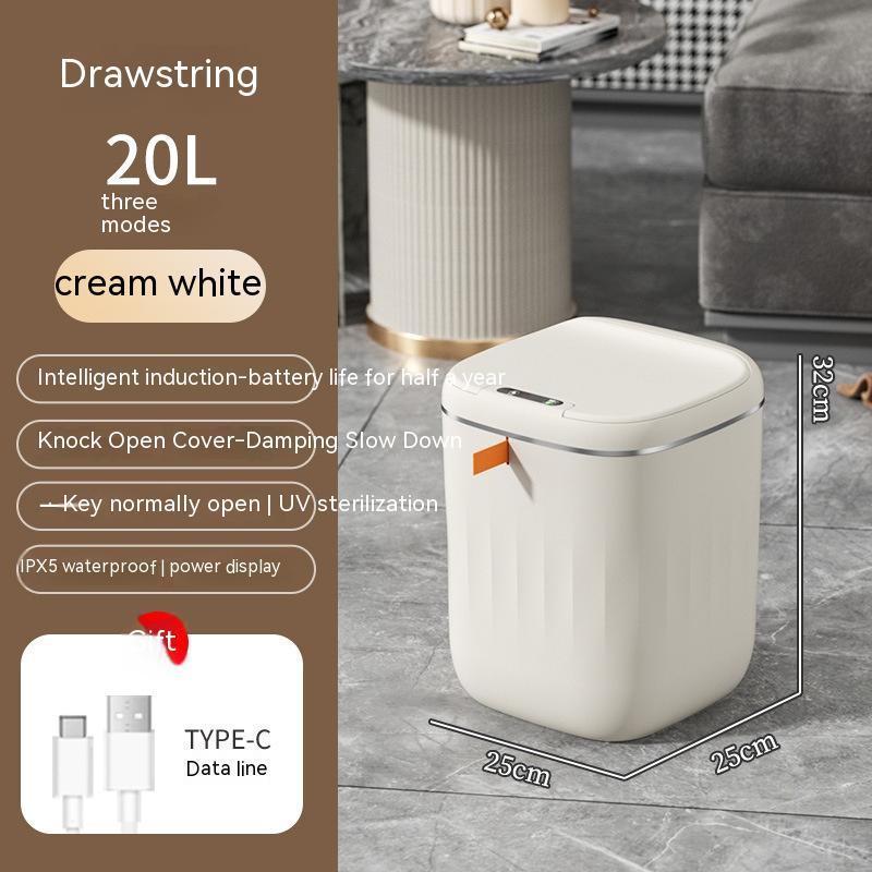 Smart Trash Can With Lid For Bedroom And Living Room Kitchen Storage Box Trash Can Induction Small Car Box Automatic Smart Dustbin Smart Trash Bin Cream white 20L