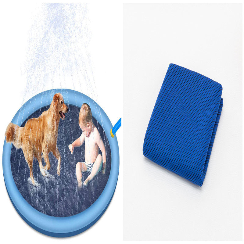 Non-Slip Splash Pad For Kids And Pet Dog Pool Summer Outdoor Water Toys Fun Backyard Fountain Play Mat Blue170cm with towel