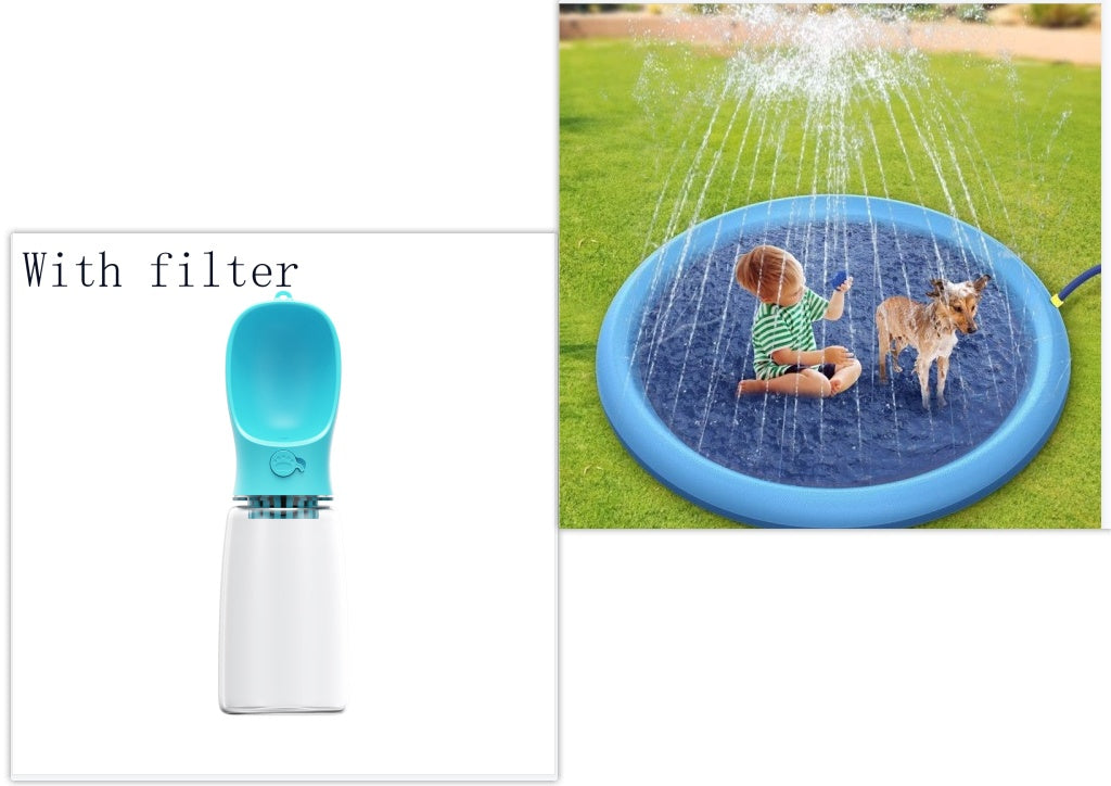 Non-Slip Splash Pad For Kids And Pet Dog Pool Summer Outdoor Water Toys Fun Backyard Fountain Play Mat Blue PAD150cm and Bottle 550ml